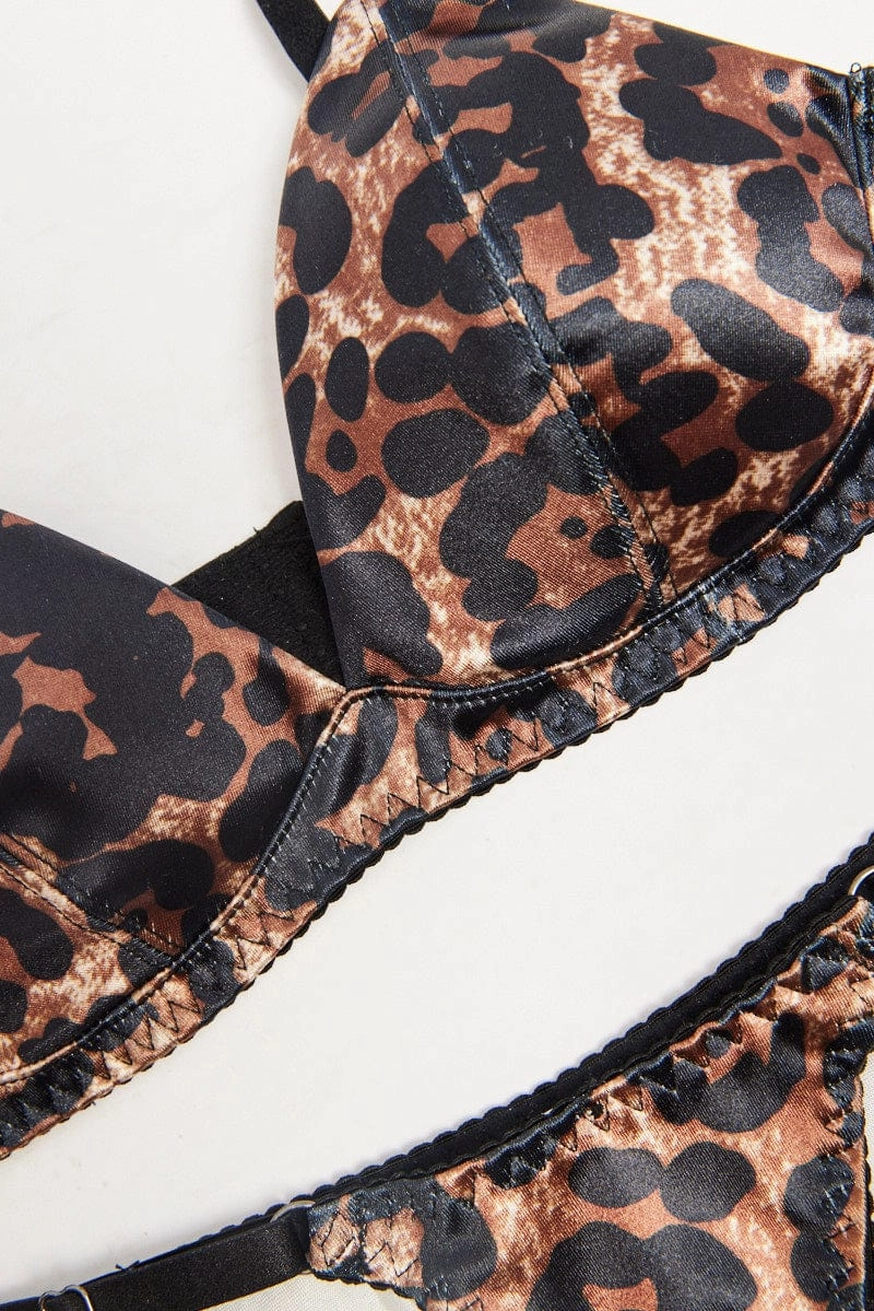 Brown Animal Print Satin Lingerie Set