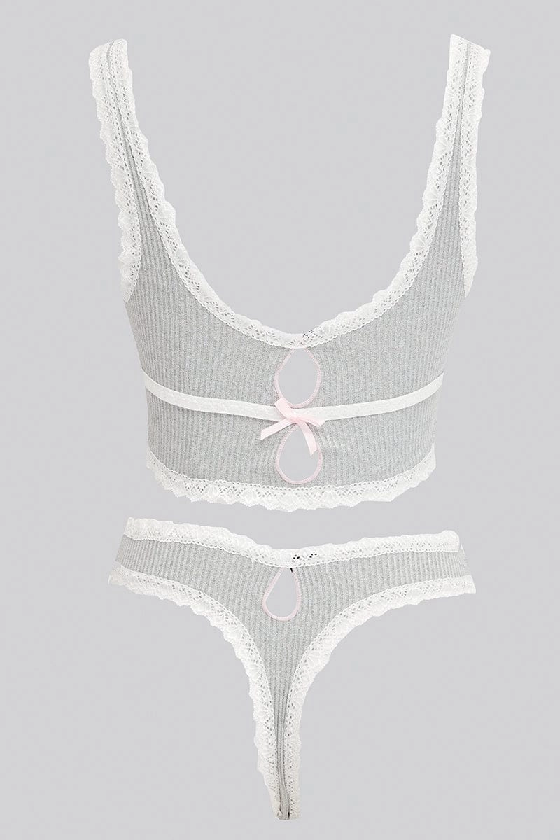 Grey Lace Trim Lingerie Set