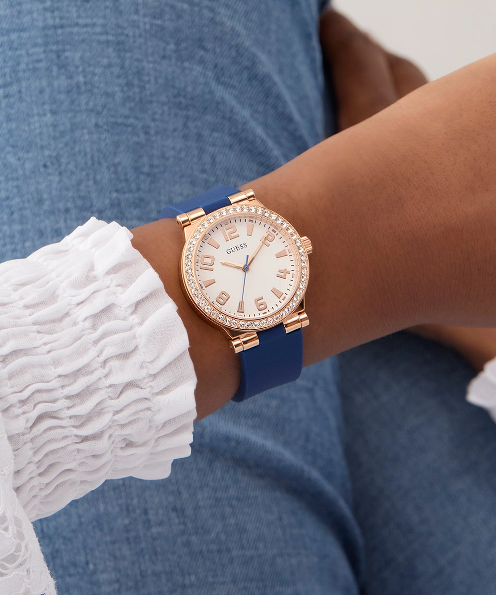 GUESS Ladies Blue Rose Gold Tone Analog Watch