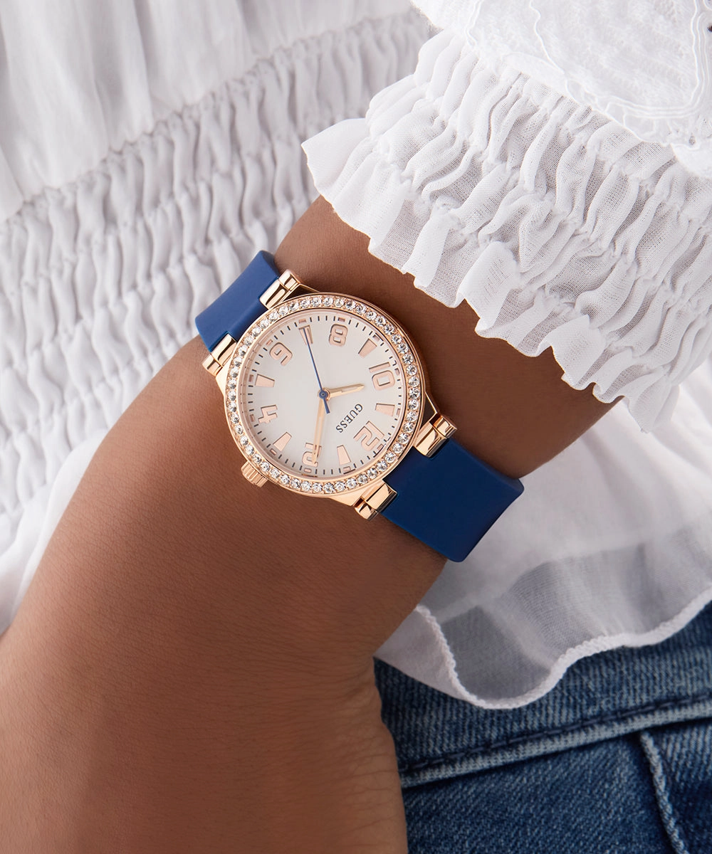 GUESS Ladies Blue Rose Gold Tone Analog Watch