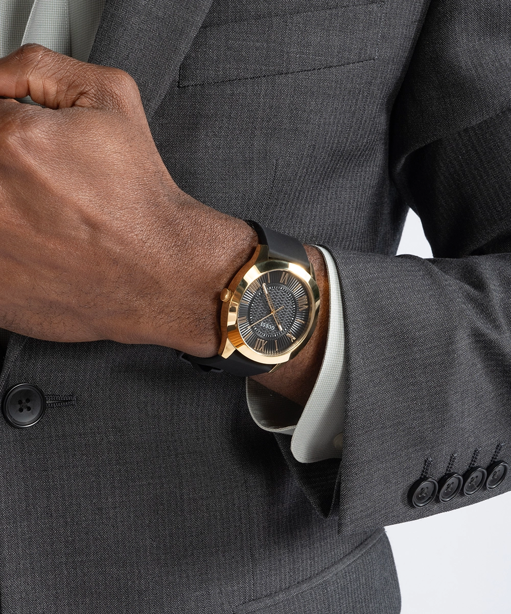 GUESS Mens Black Gold Tone Analog Watch