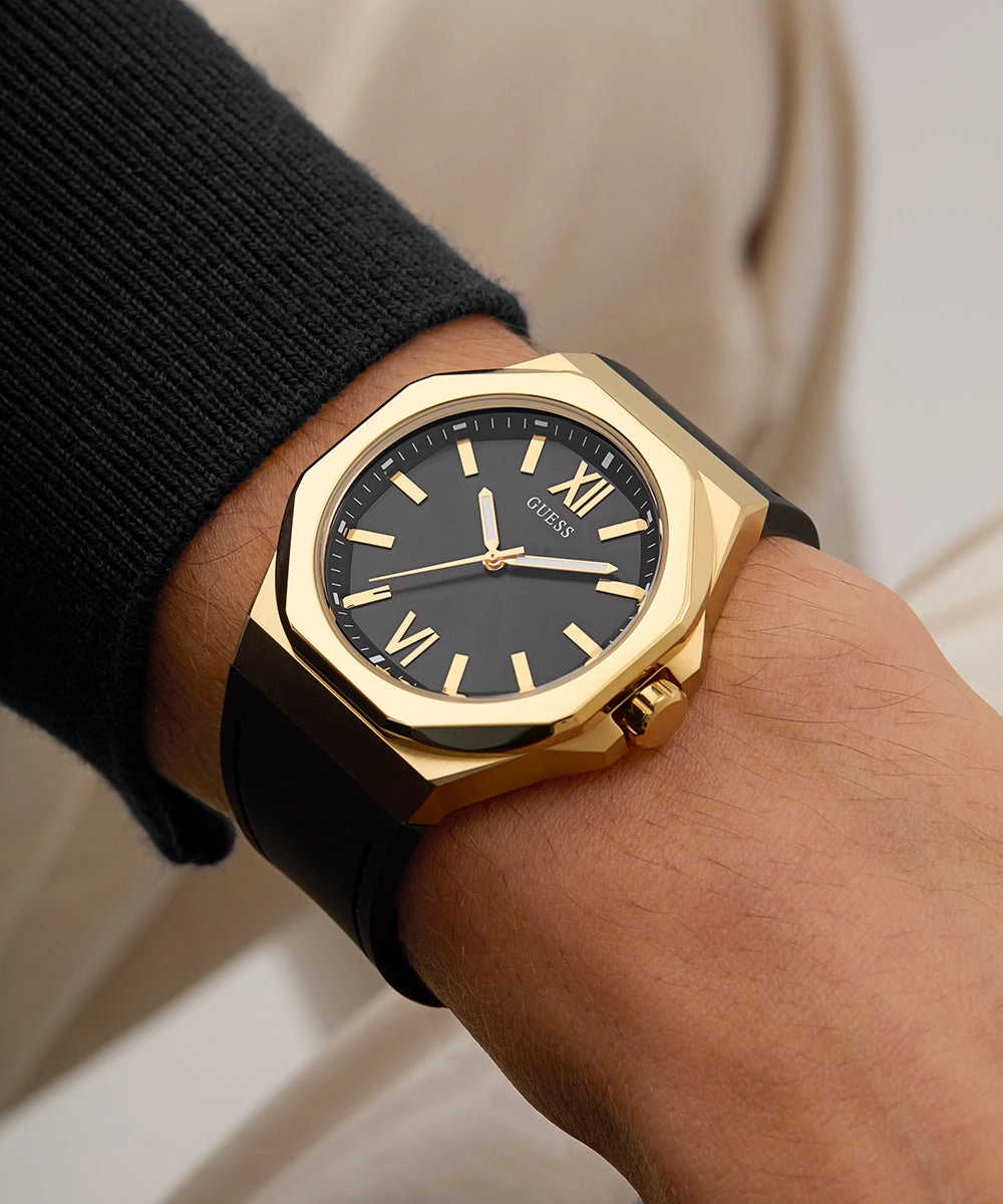 GUESS Mens Black Gold Tone Analog Watch