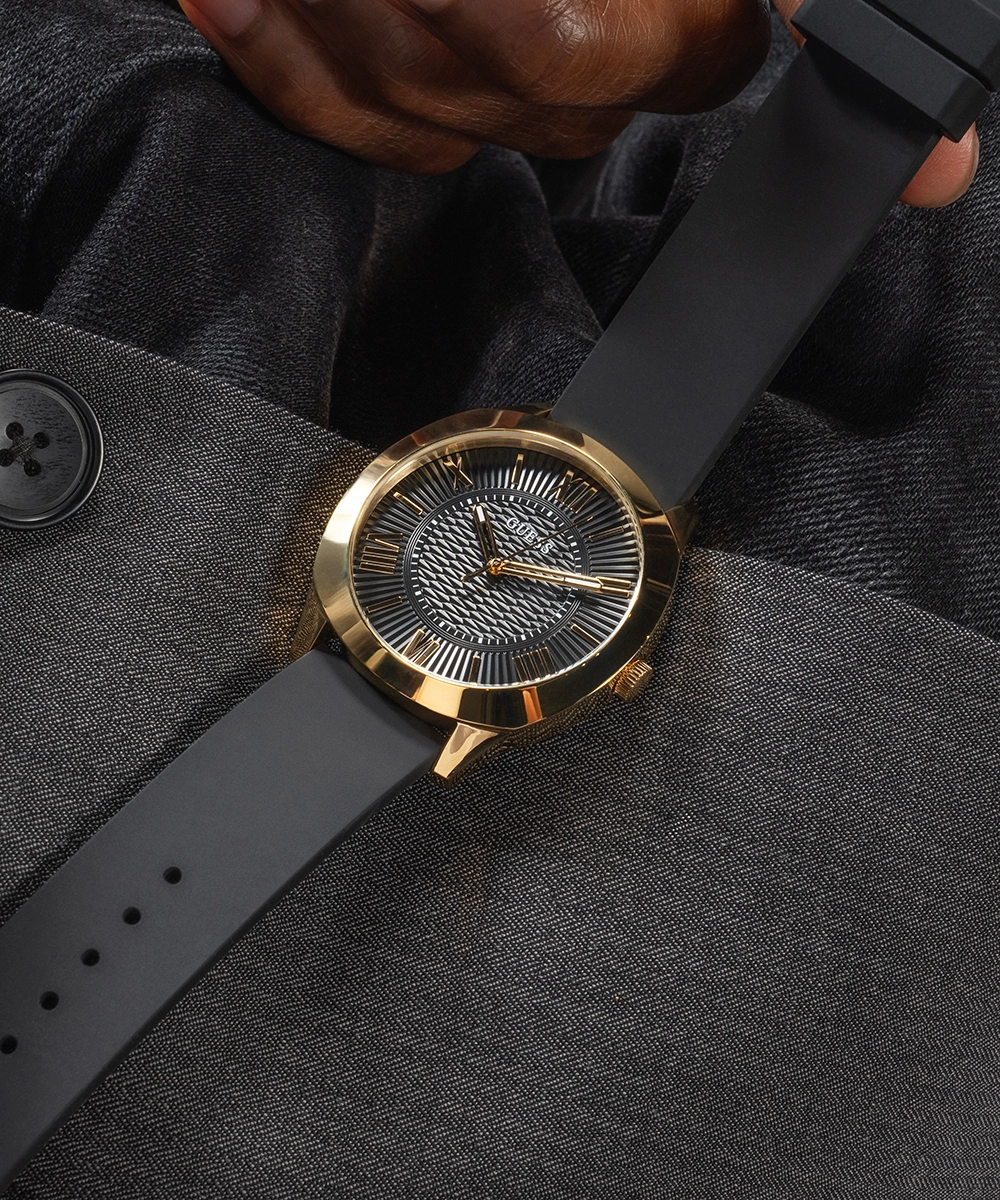 GUESS Mens Black Gold Tone Analog Watch
