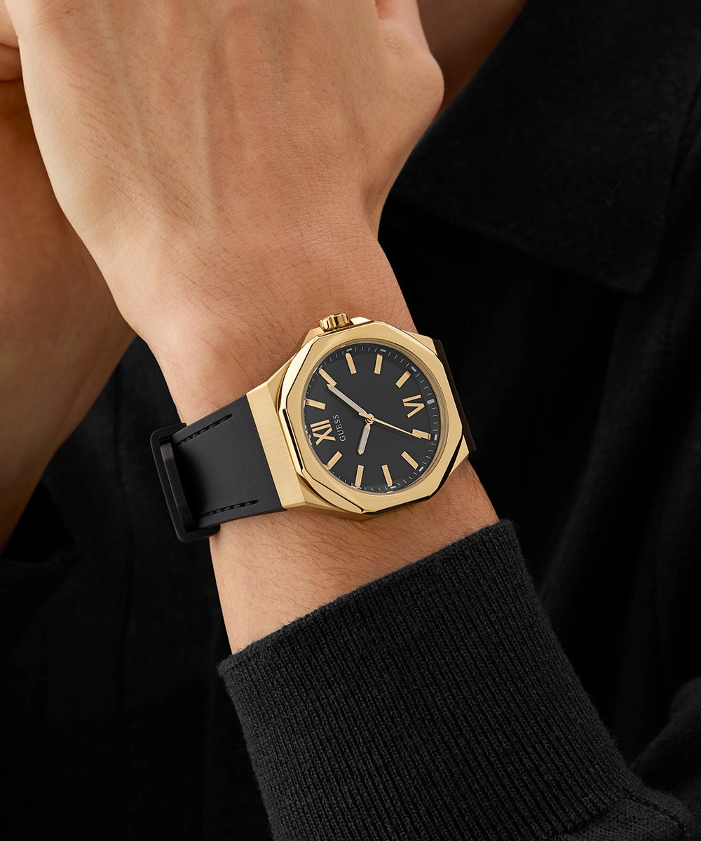 GUESS Mens Black Gold Tone Analog Watch