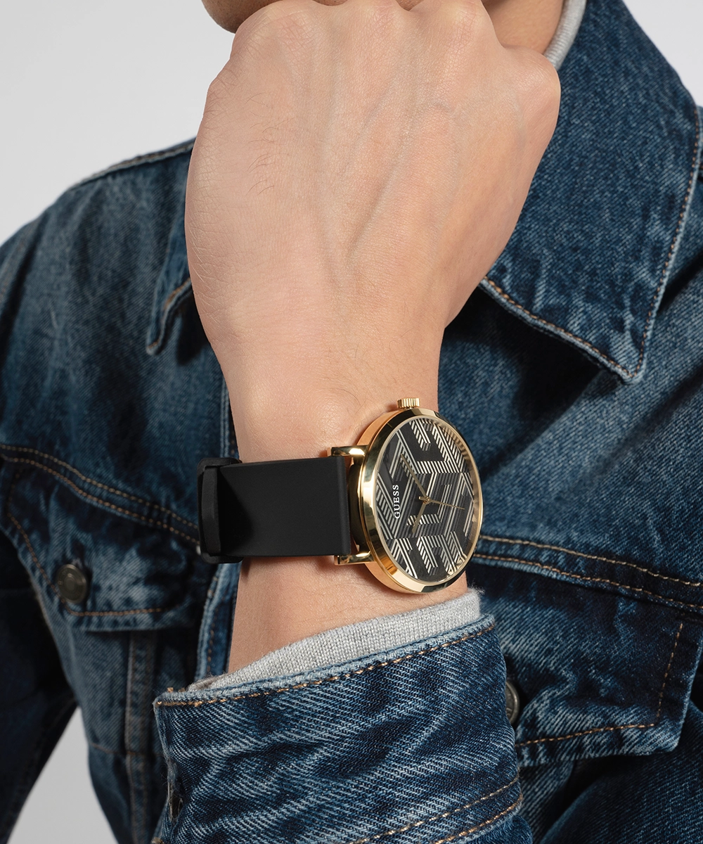 GUESS Mens Black Gold Tone Analog Watch