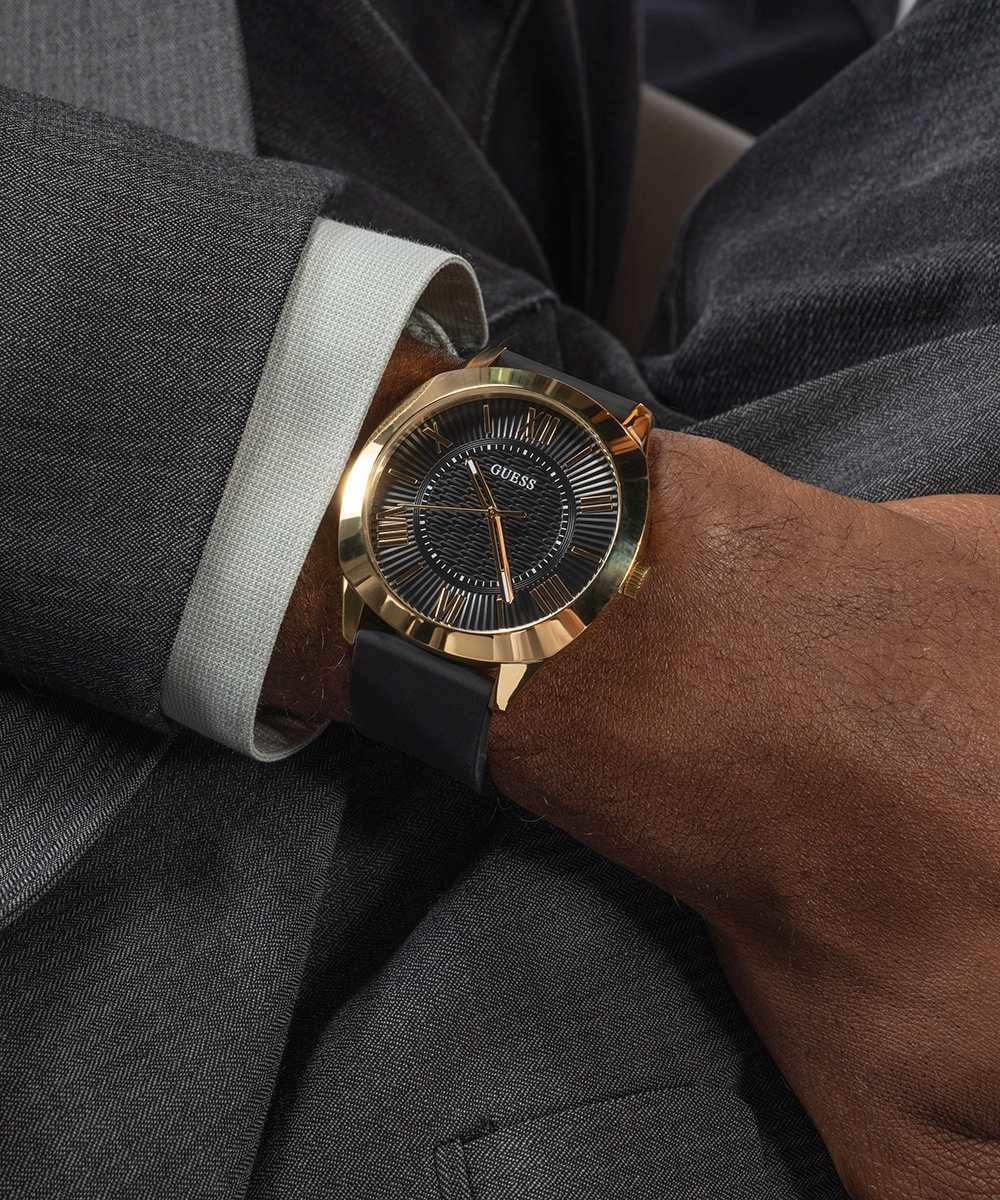 GUESS Mens Black Gold Tone Analog Watch