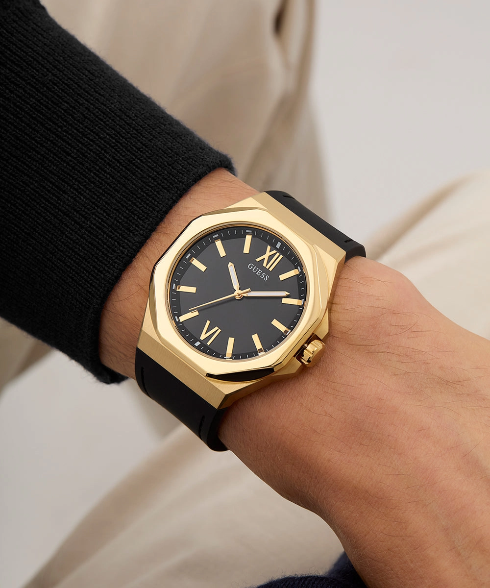 GUESS Mens Black Gold Tone Analog Watch
