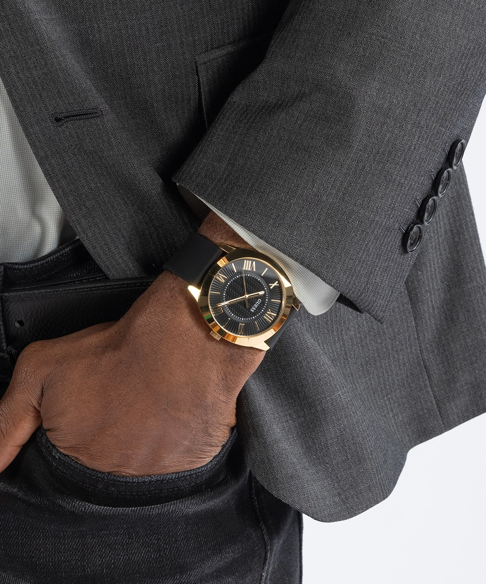 GUESS Mens Black Gold Tone Analog Watch