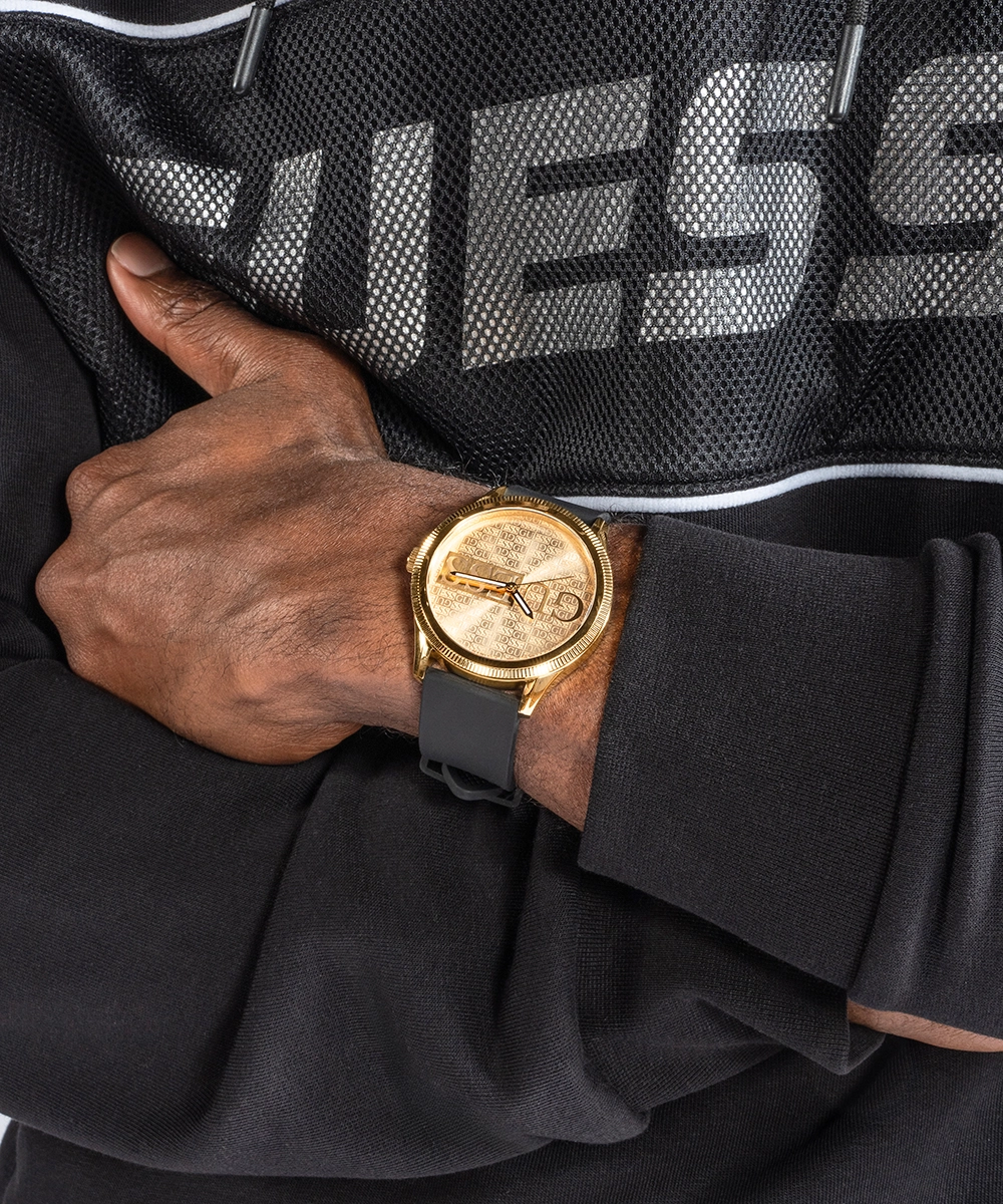 GUESS Mens Black Gold Tone Analog Watch
