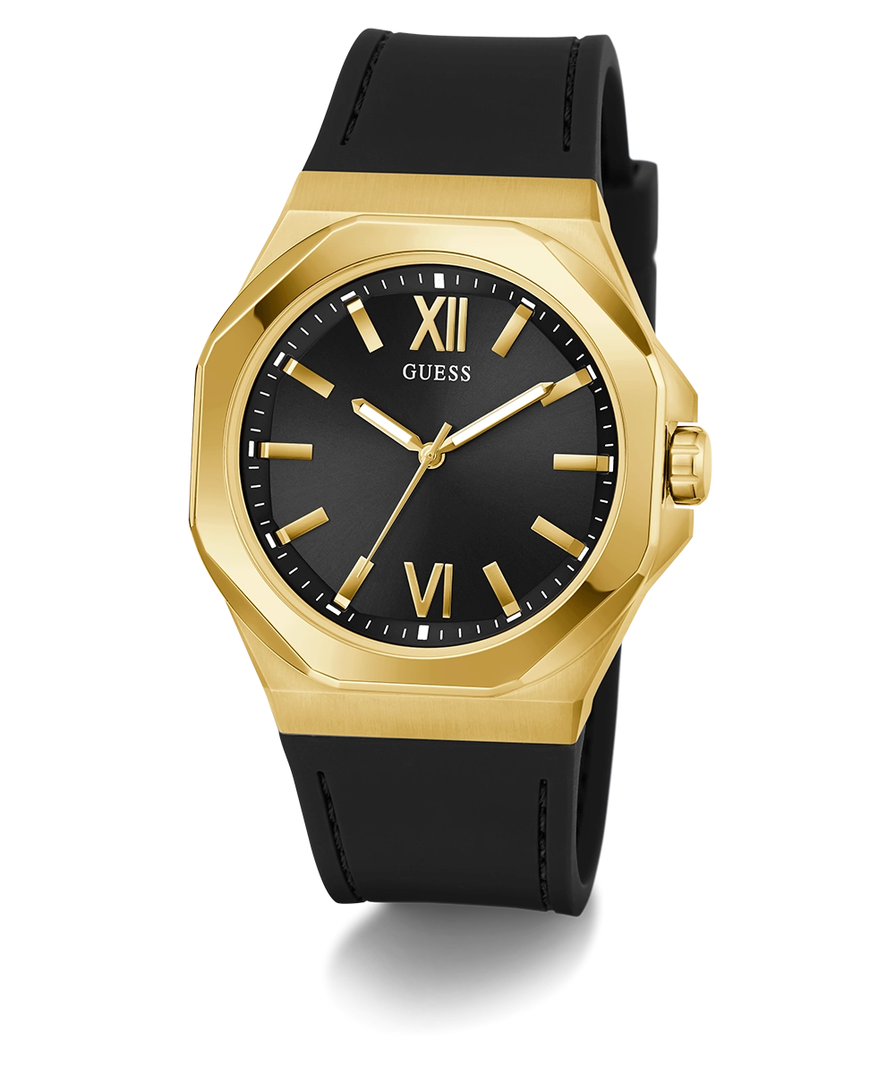 GUESS Mens Black Gold Tone Analog Watch