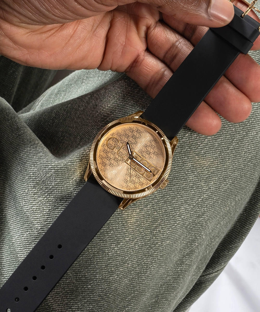 GUESS Mens Black Gold Tone Analog Watch