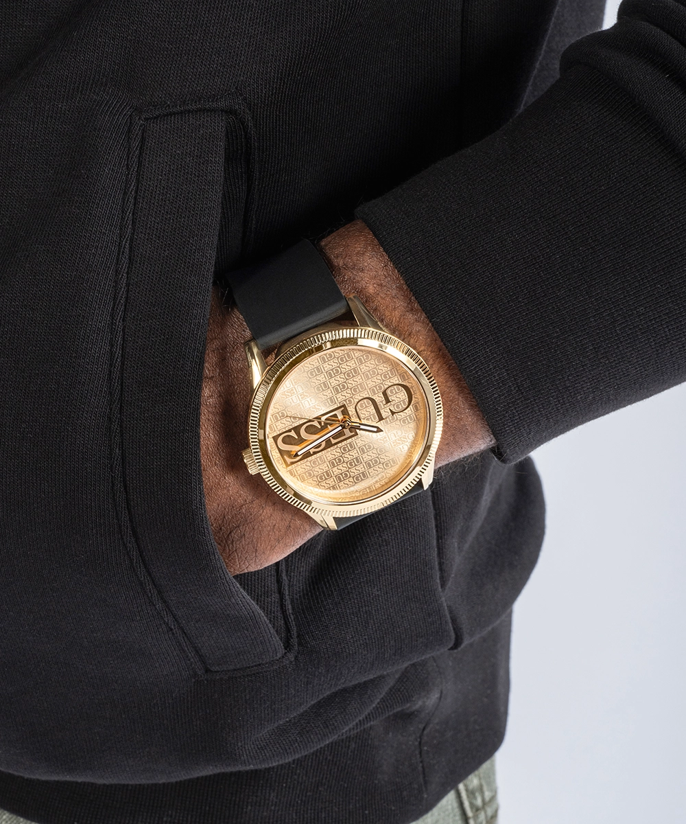 GUESS Mens Black Gold Tone Analog Watch