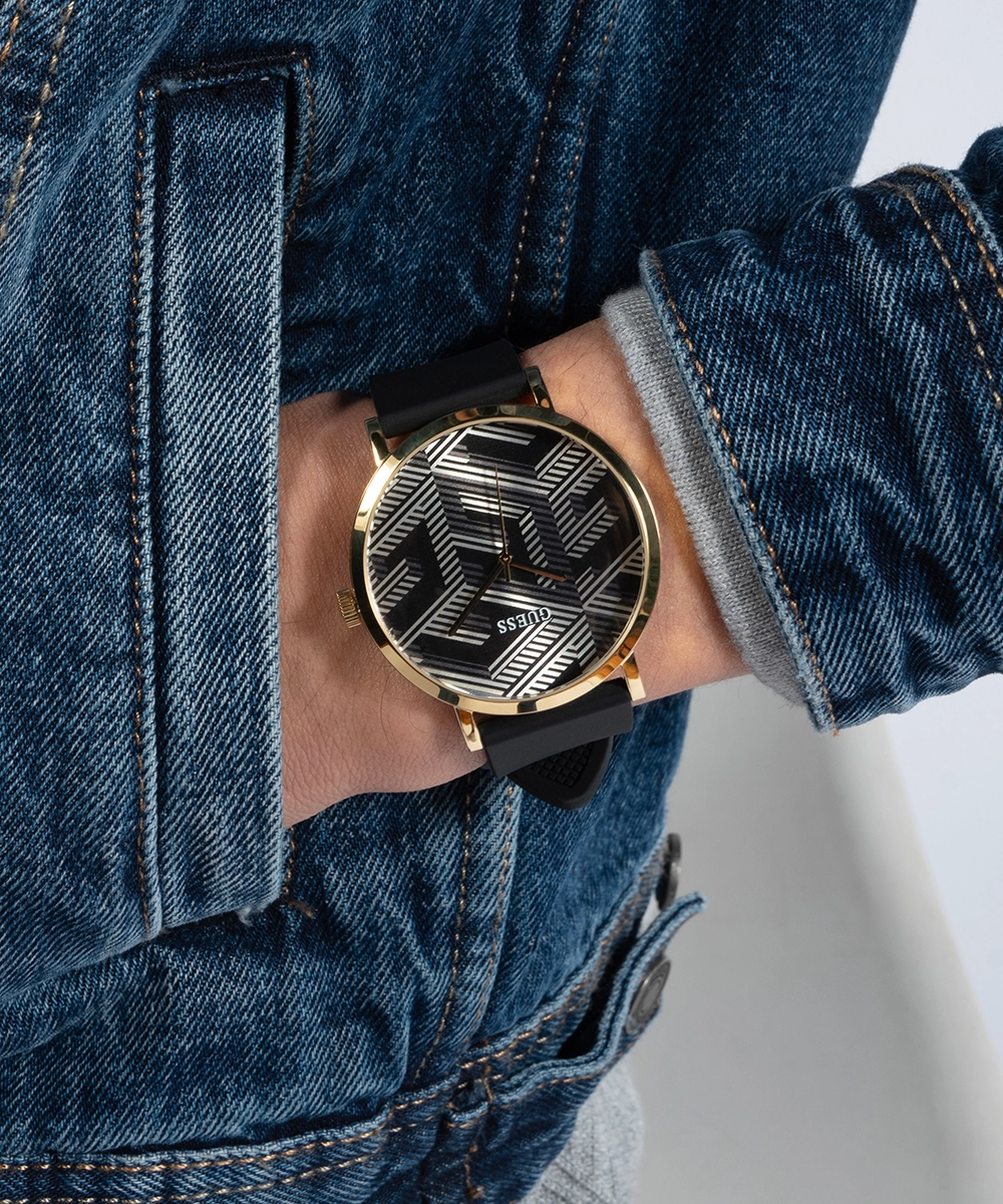 GUESS Mens Black Gold Tone Analog Watch