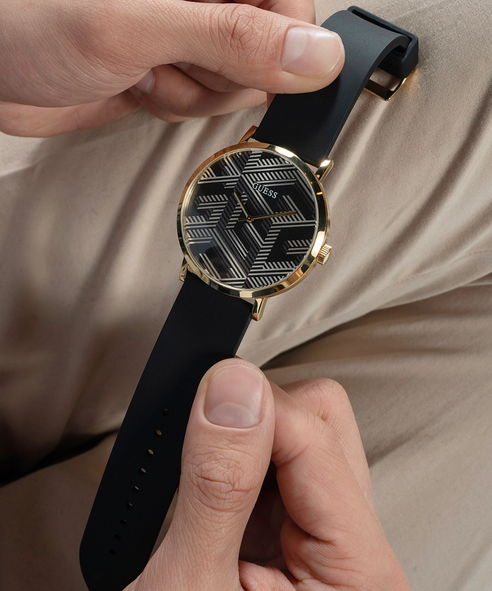GUESS Mens Black Gold Tone Analog Watch