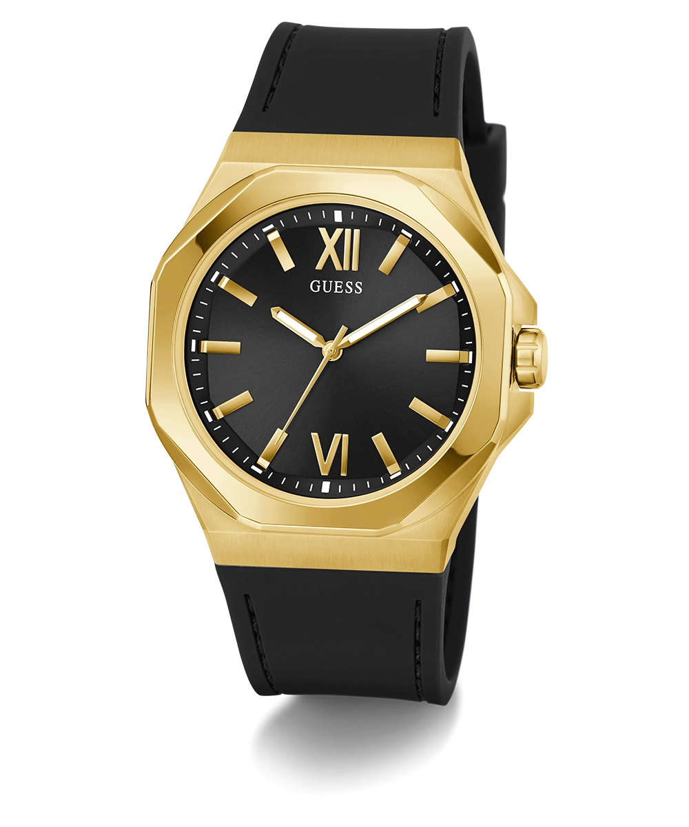GUESS Mens Black Gold Tone Analog Watch
