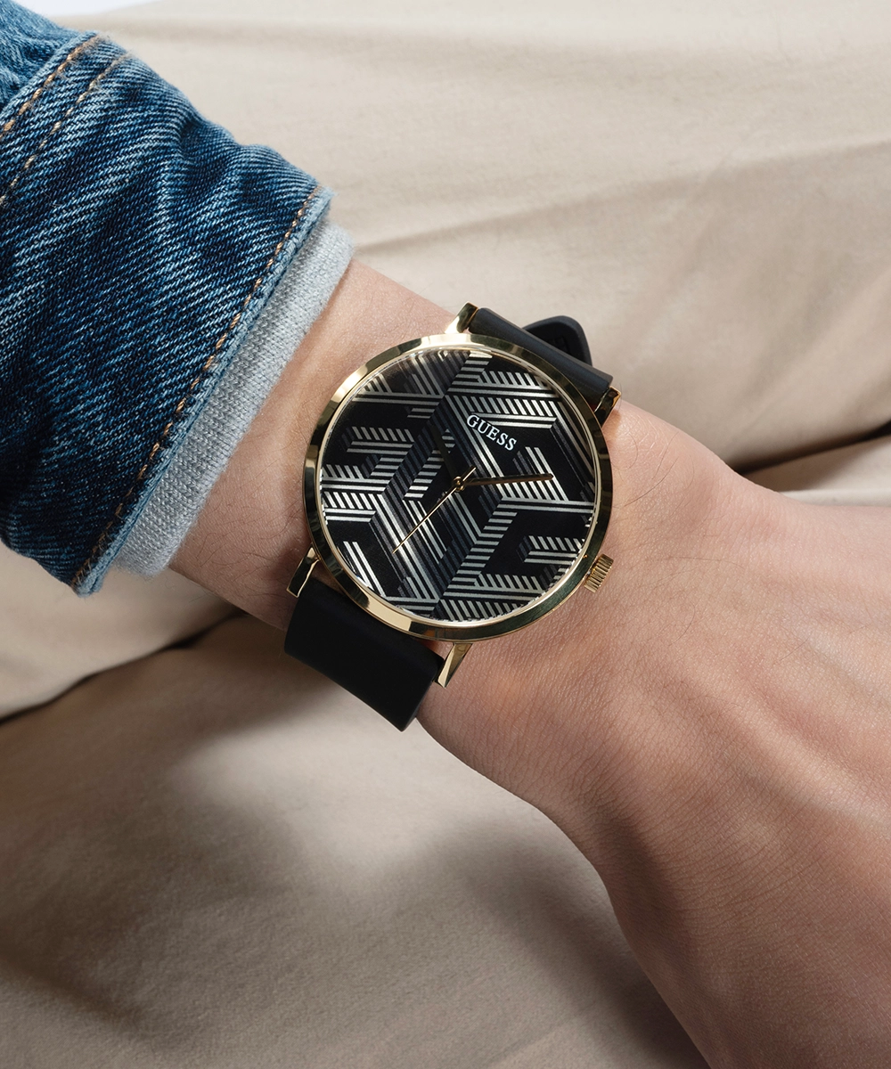 GUESS Mens Black Gold Tone Analog Watch