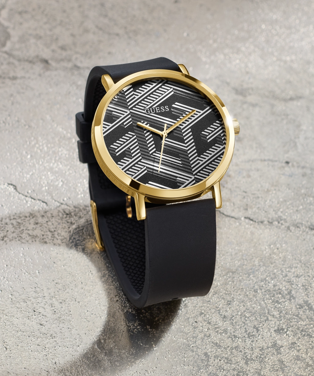 GUESS Mens Black Gold Tone Analog Watch
