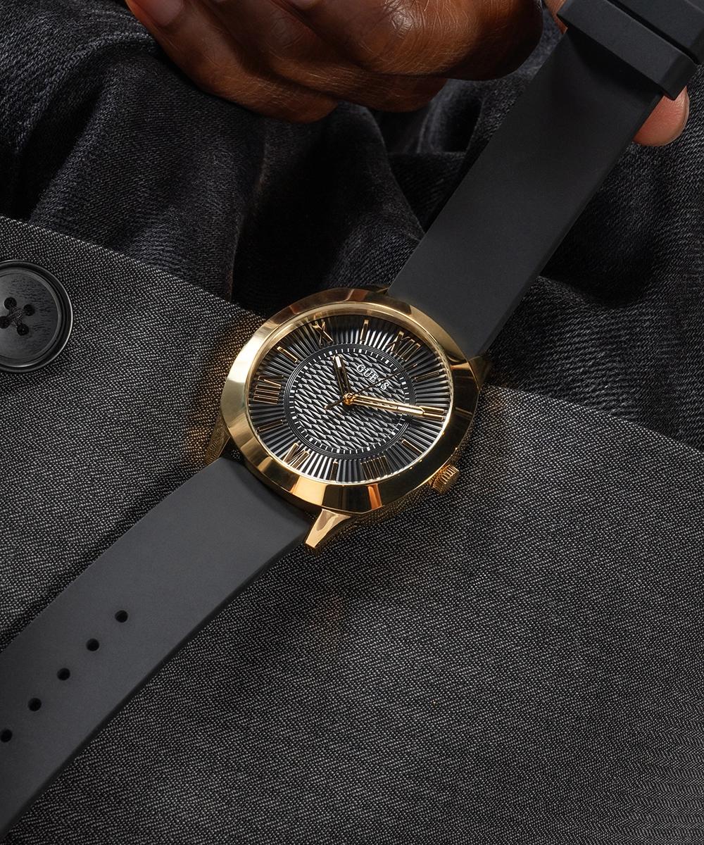 GUESS Mens Black Gold Tone Analog Watch