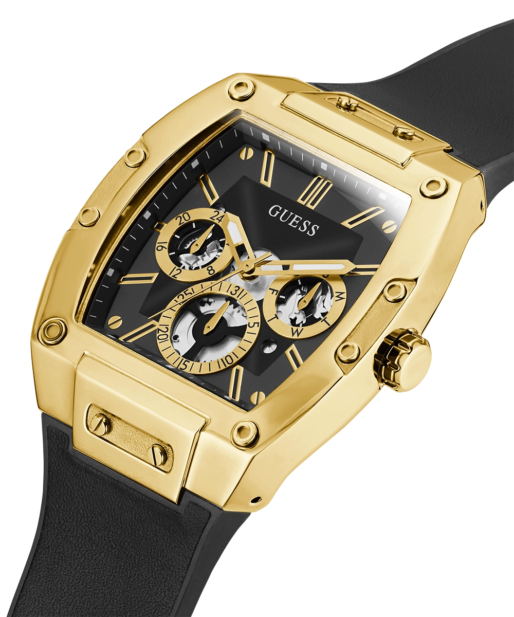 GUESS Mens Black Gold Tone Multi-function Watch