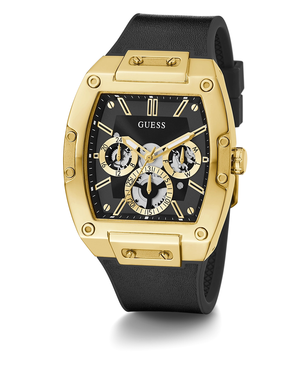 GUESS Mens Black Gold Tone Multi-function Watch