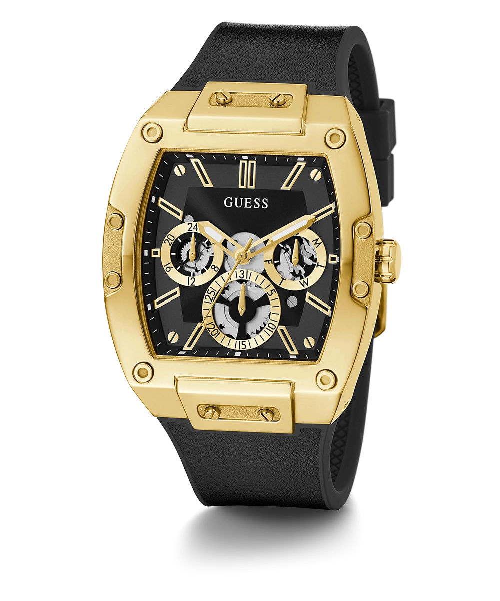 GUESS Mens Black Gold Tone Multi-function Watch
