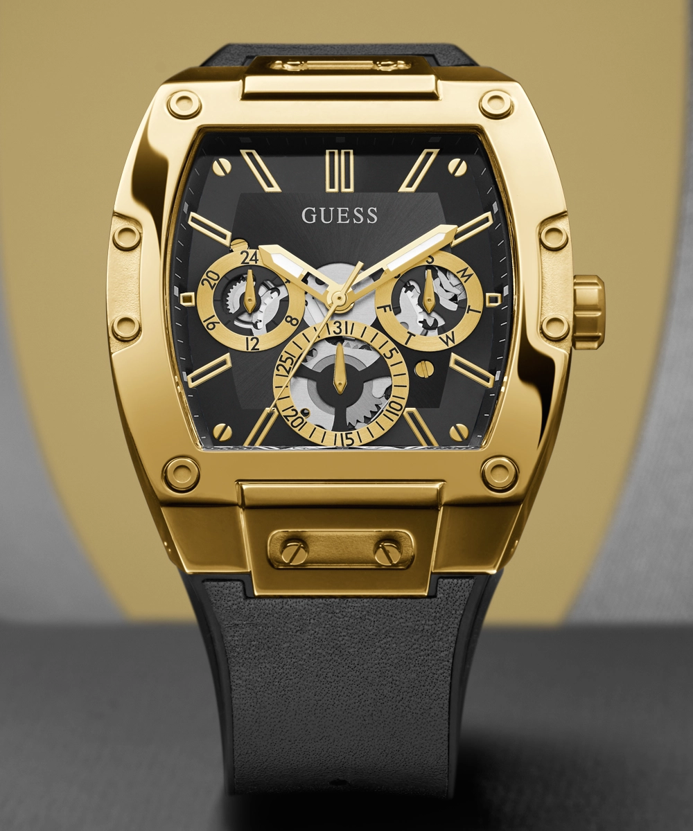 GUESS Mens Black Gold Tone Multi-function Watch