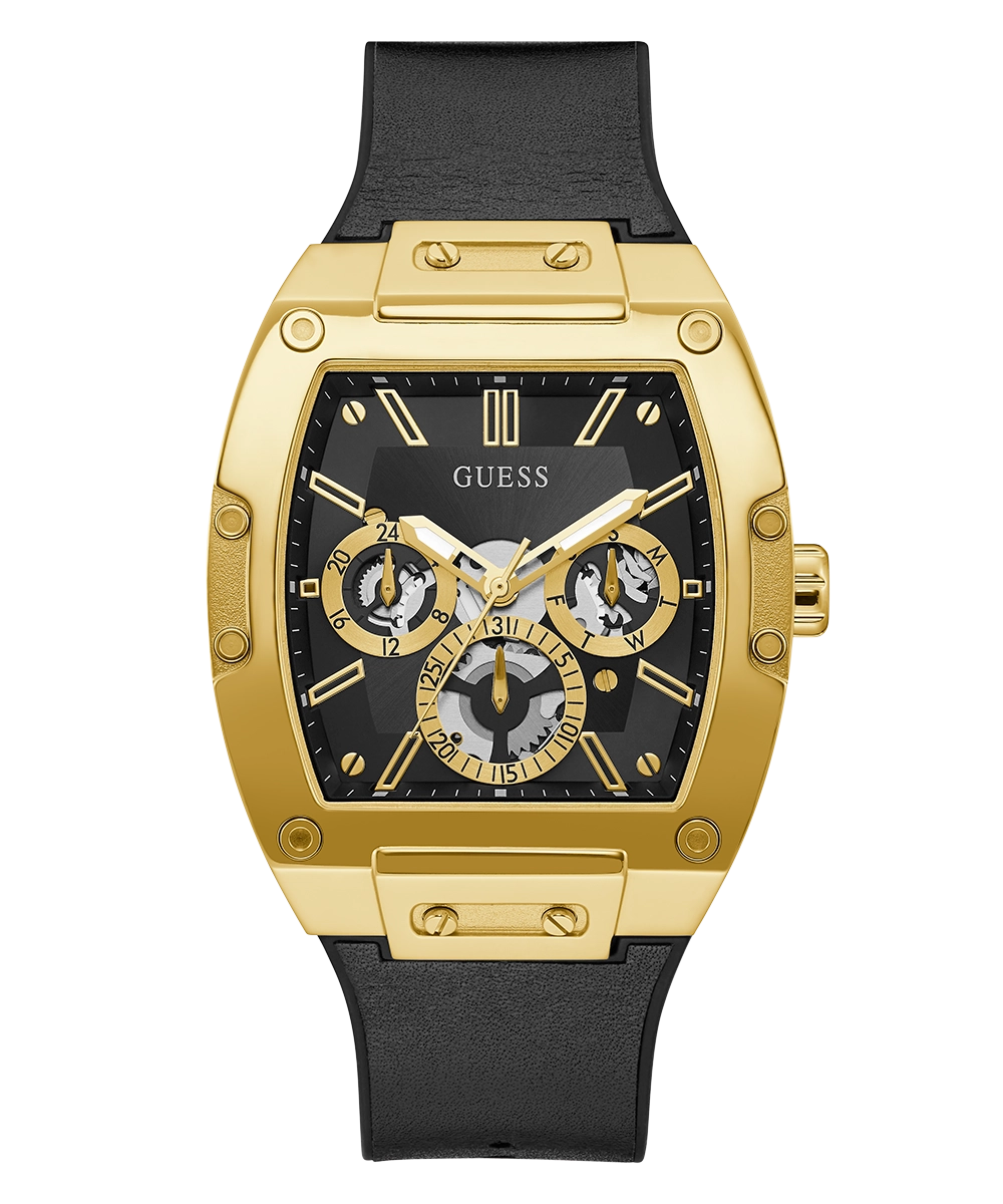 GUESS Mens Black Gold Tone Multi-function Watch