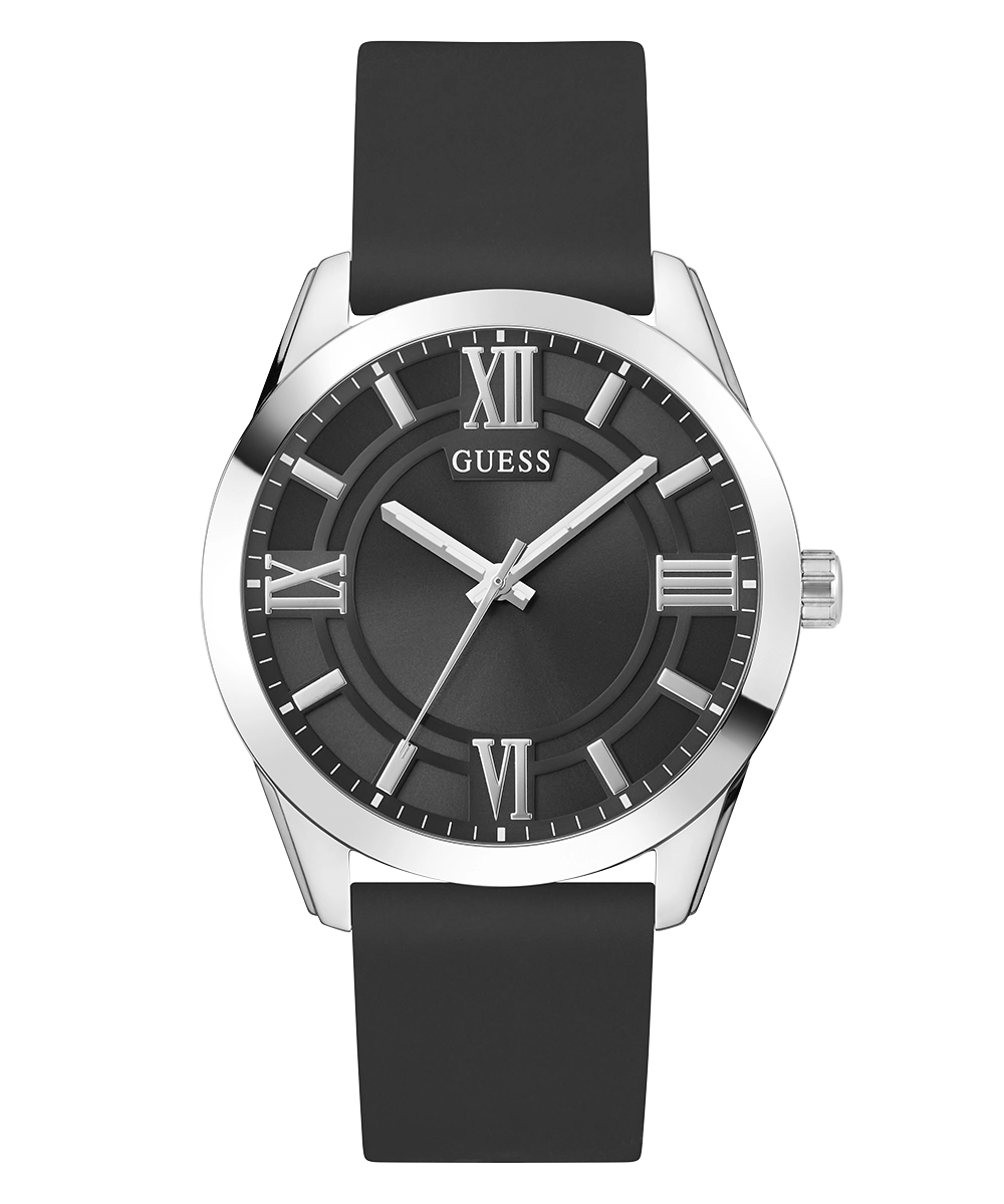 GUESS Mens Black Silver Tone Analog Watch