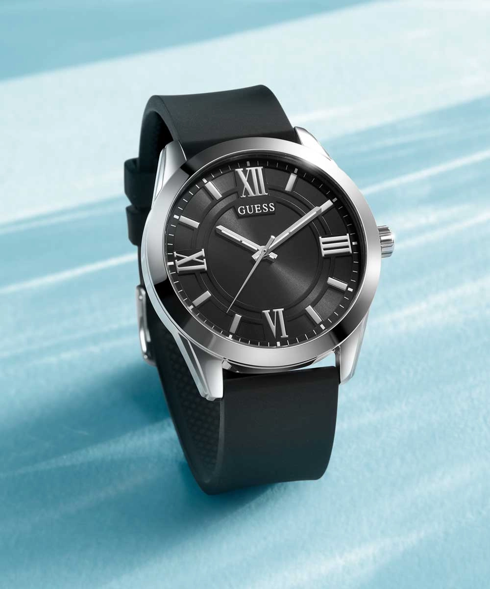 GUESS Mens Black Silver Tone Analog Watch