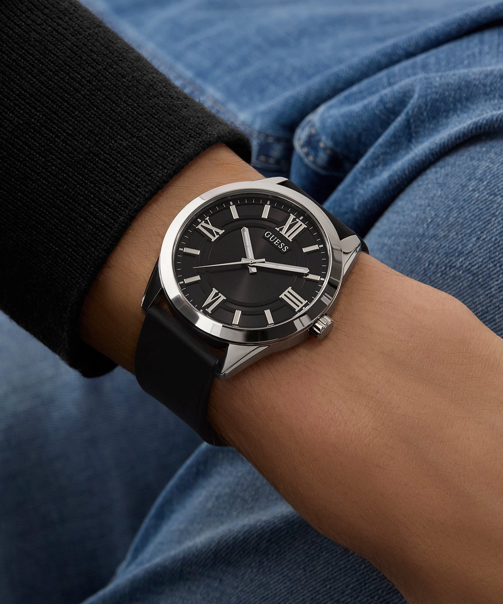 GUESS Mens Black Silver Tone Analog Watch