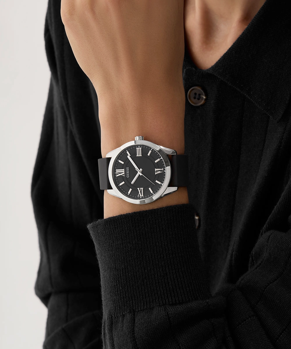 GUESS Mens Black Silver Tone Analog Watch
