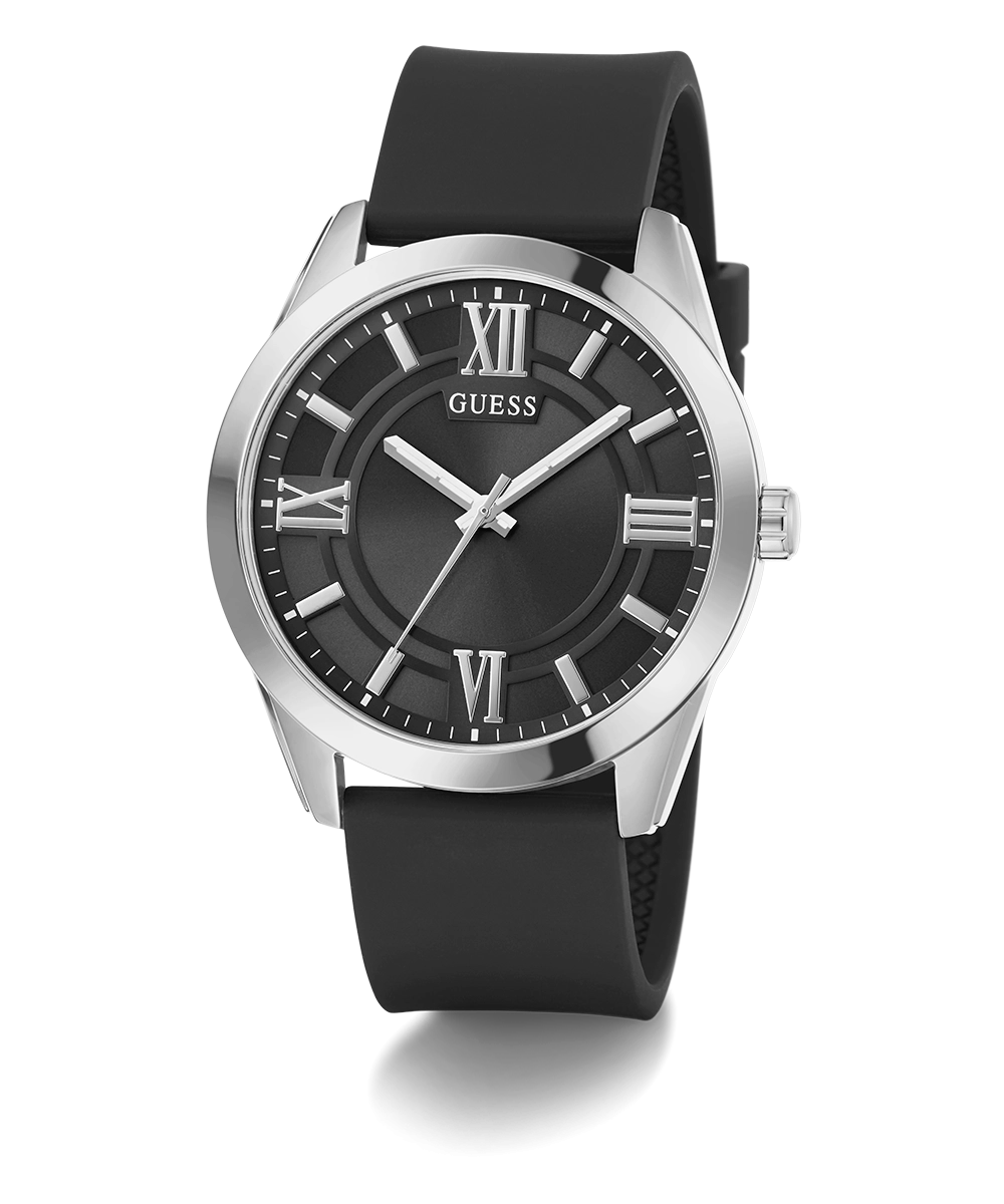 GUESS Mens Black Silver Tone Analog Watch