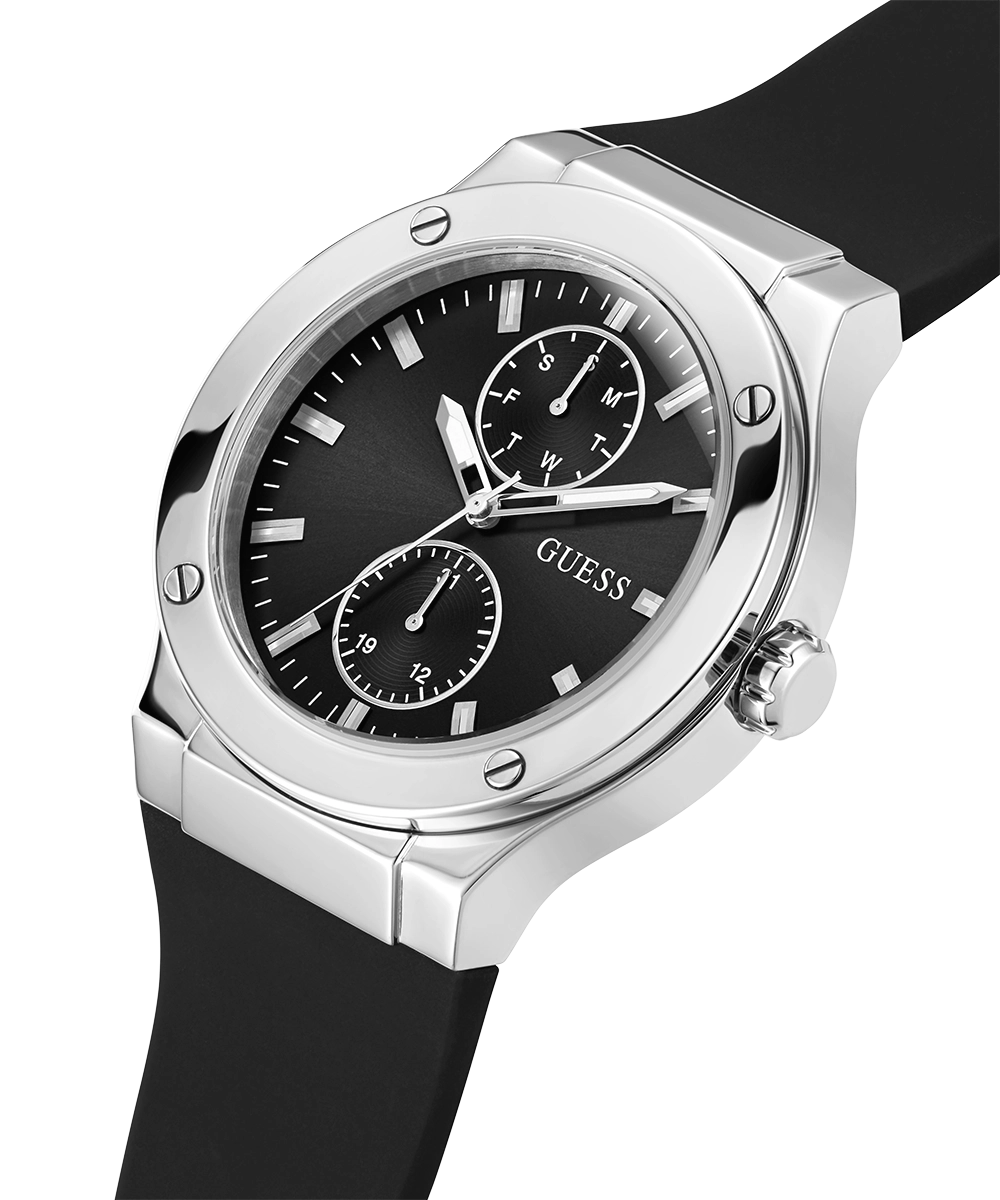 GUESS Mens Black Silver Tone Multi-function Watch