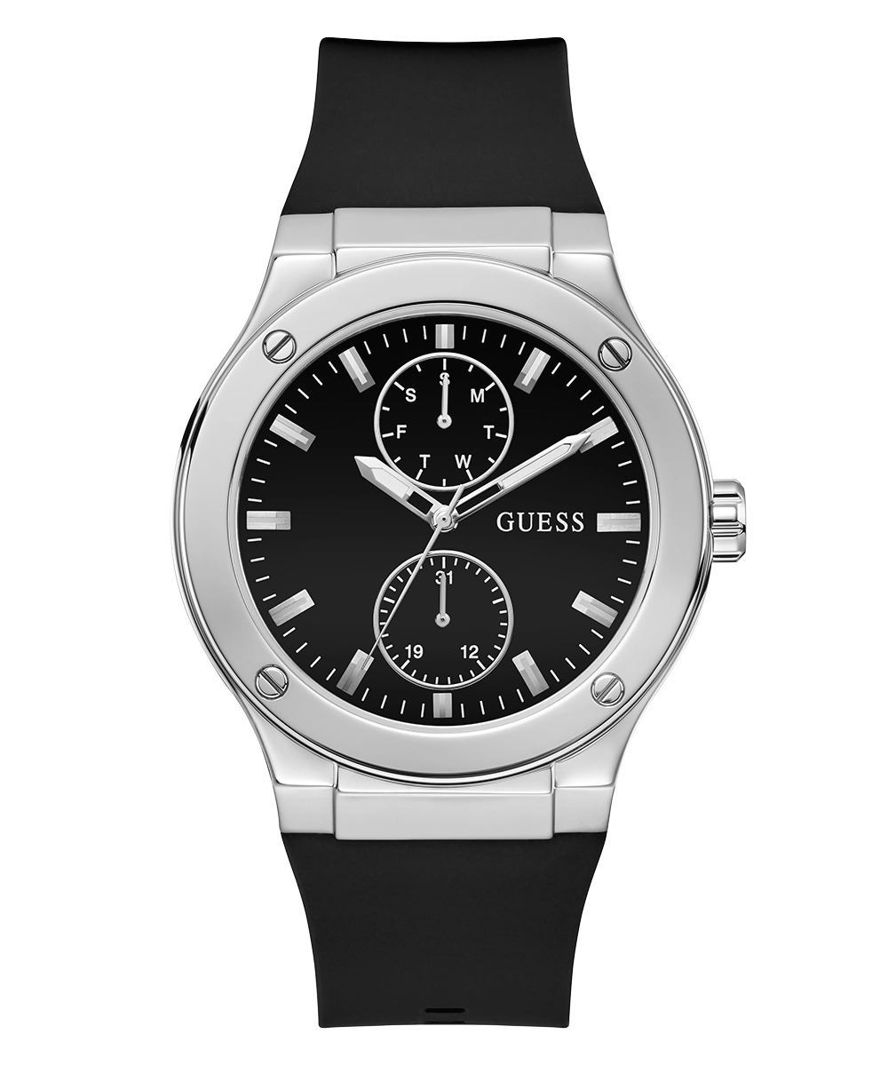 GUESS Mens Black Silver Tone Multi-function Watch