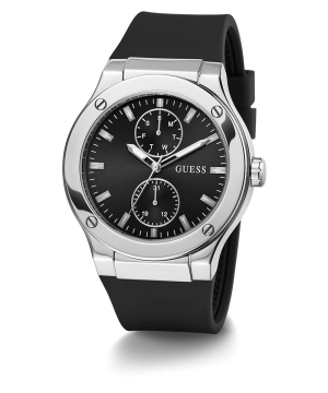 GUESS Mens Black Silver Tone Multi-function Watch