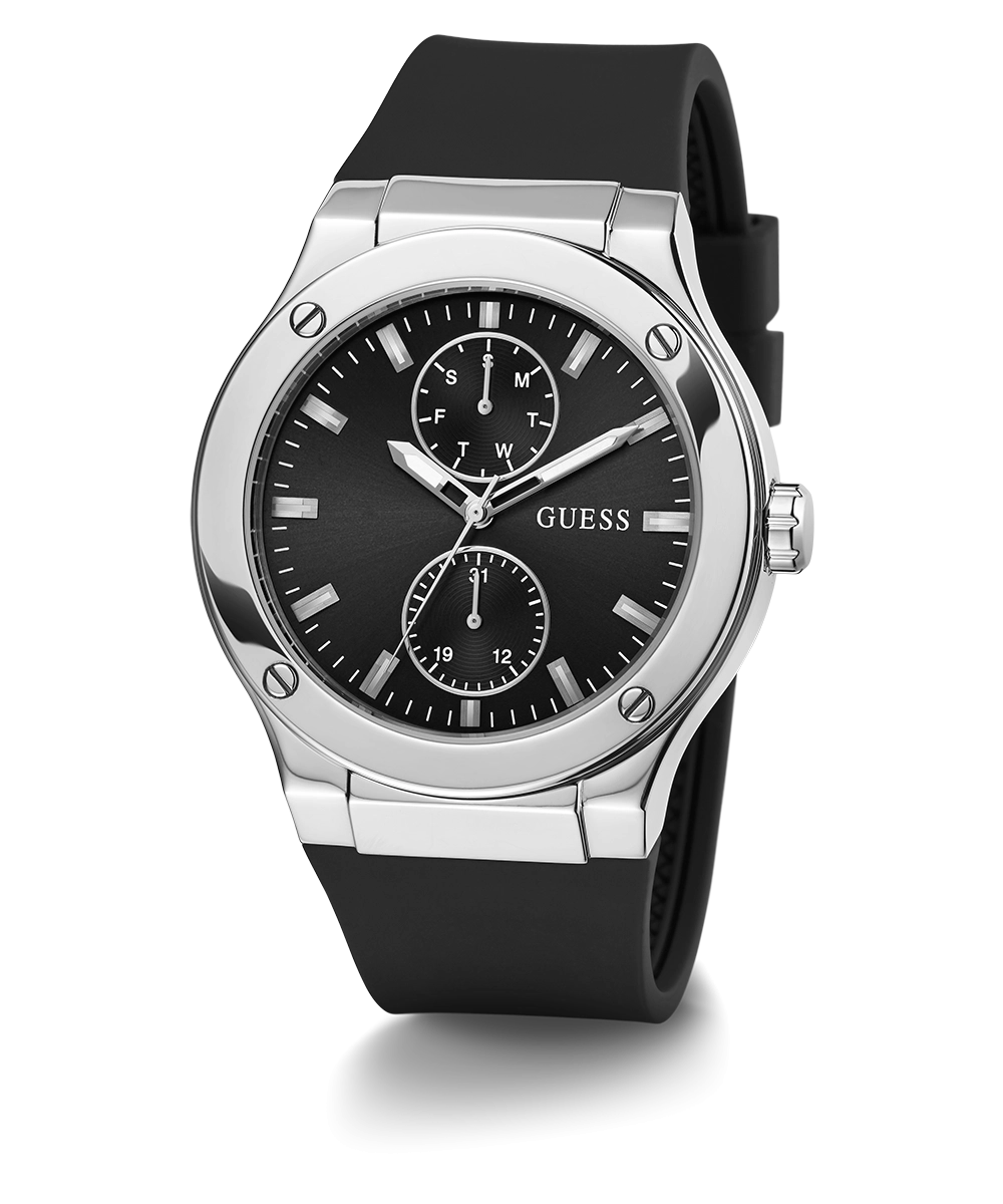 GUESS Mens Black Silver Tone Multi-function Watch