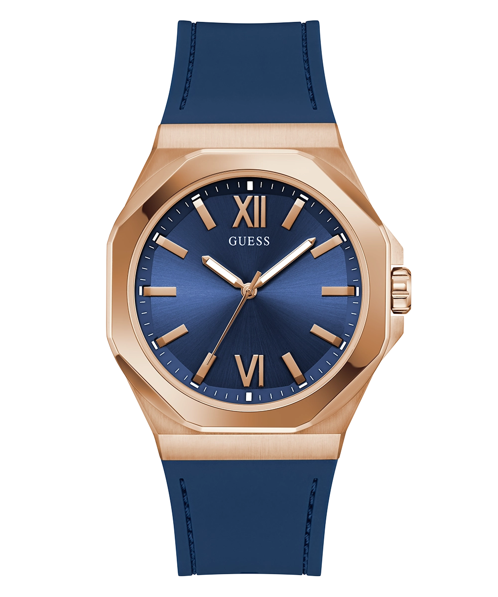 GUESS Mens Blue Rose Gold Tone Analog Watch
