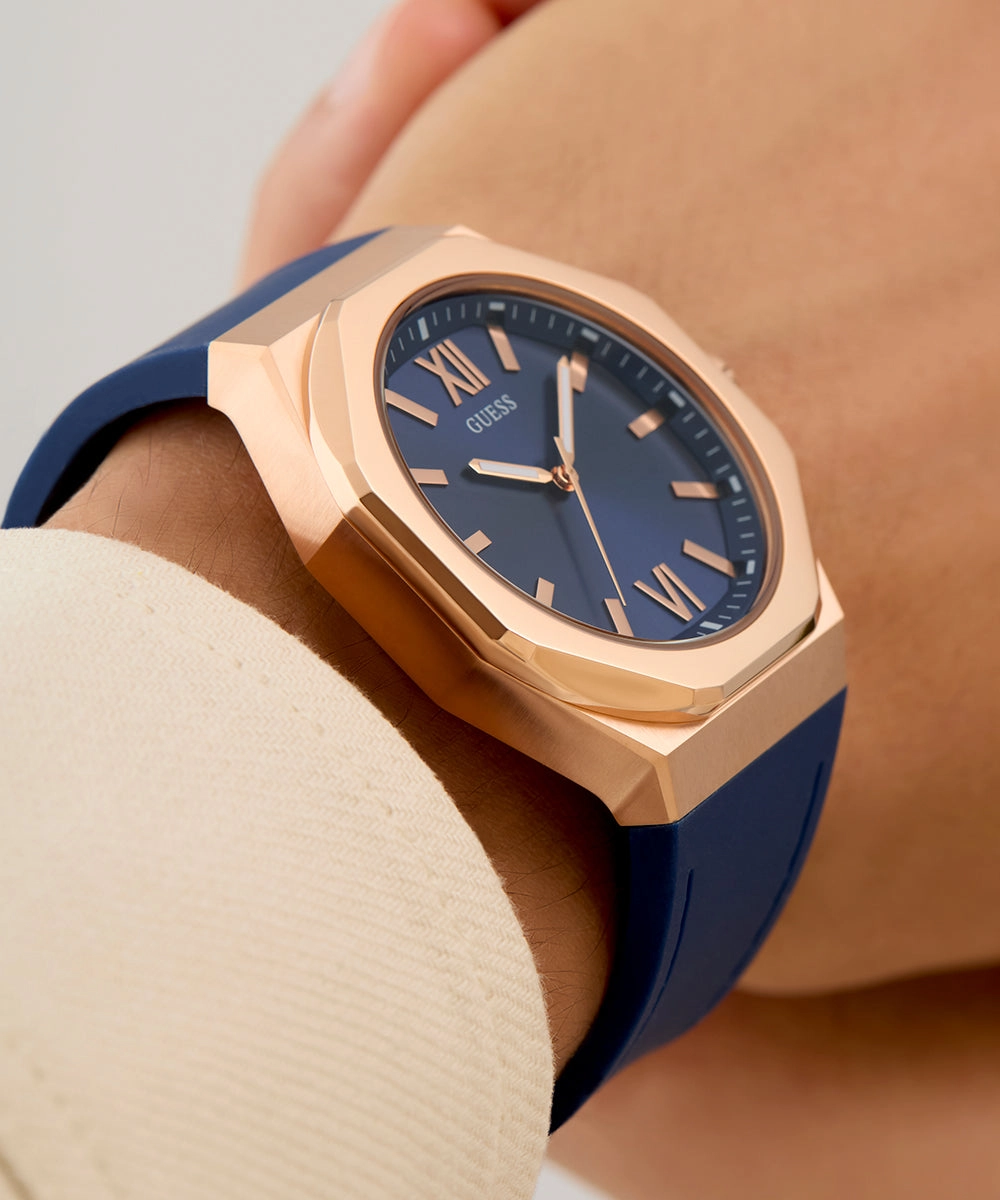 GUESS Mens Blue Rose Gold Tone Analog Watch