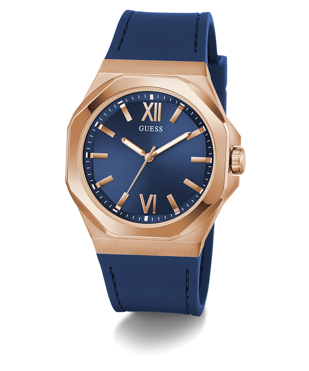GUESS Mens Blue Rose Gold Tone Analog Watch