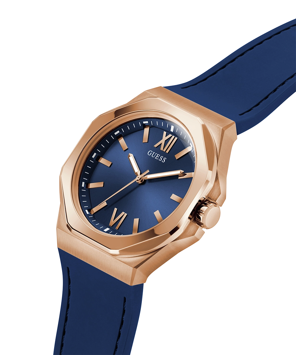 GUESS Mens Blue Rose Gold Tone Analog Watch