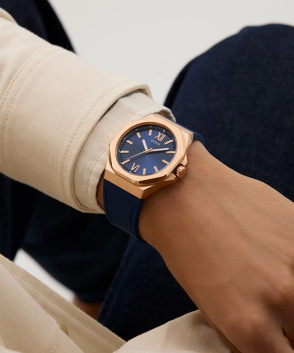 GUESS Mens Blue Rose Gold Tone Analog Watch