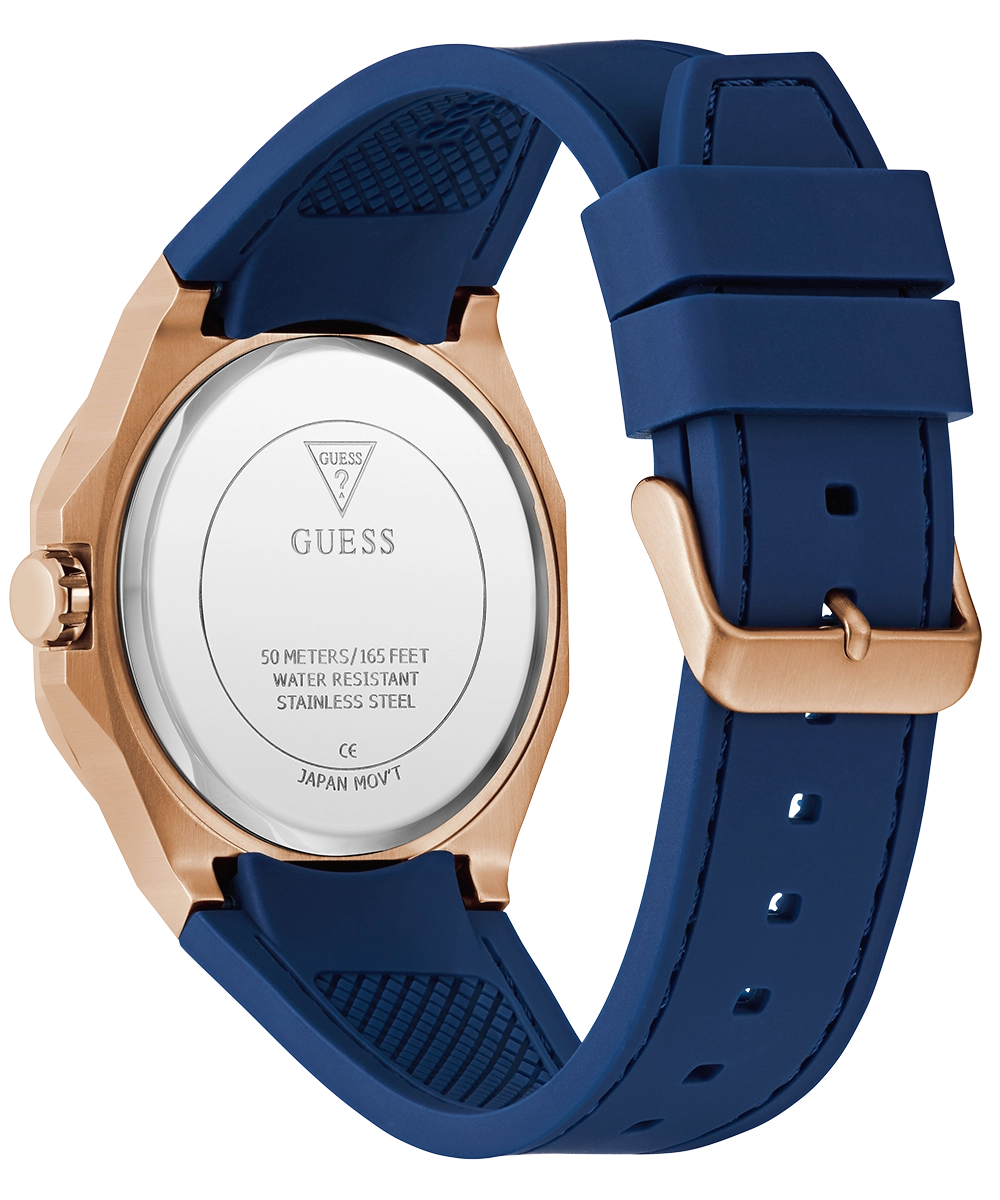 GUESS Mens Blue Rose Gold Tone Analog Watch