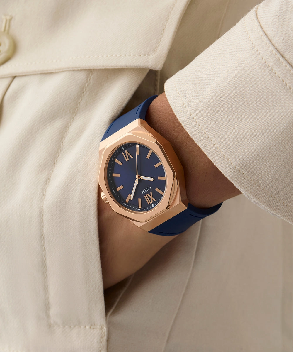 GUESS Mens Blue Rose Gold Tone Analog Watch