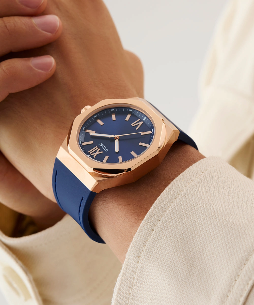 GUESS Mens Blue Rose Gold Tone Analog Watch