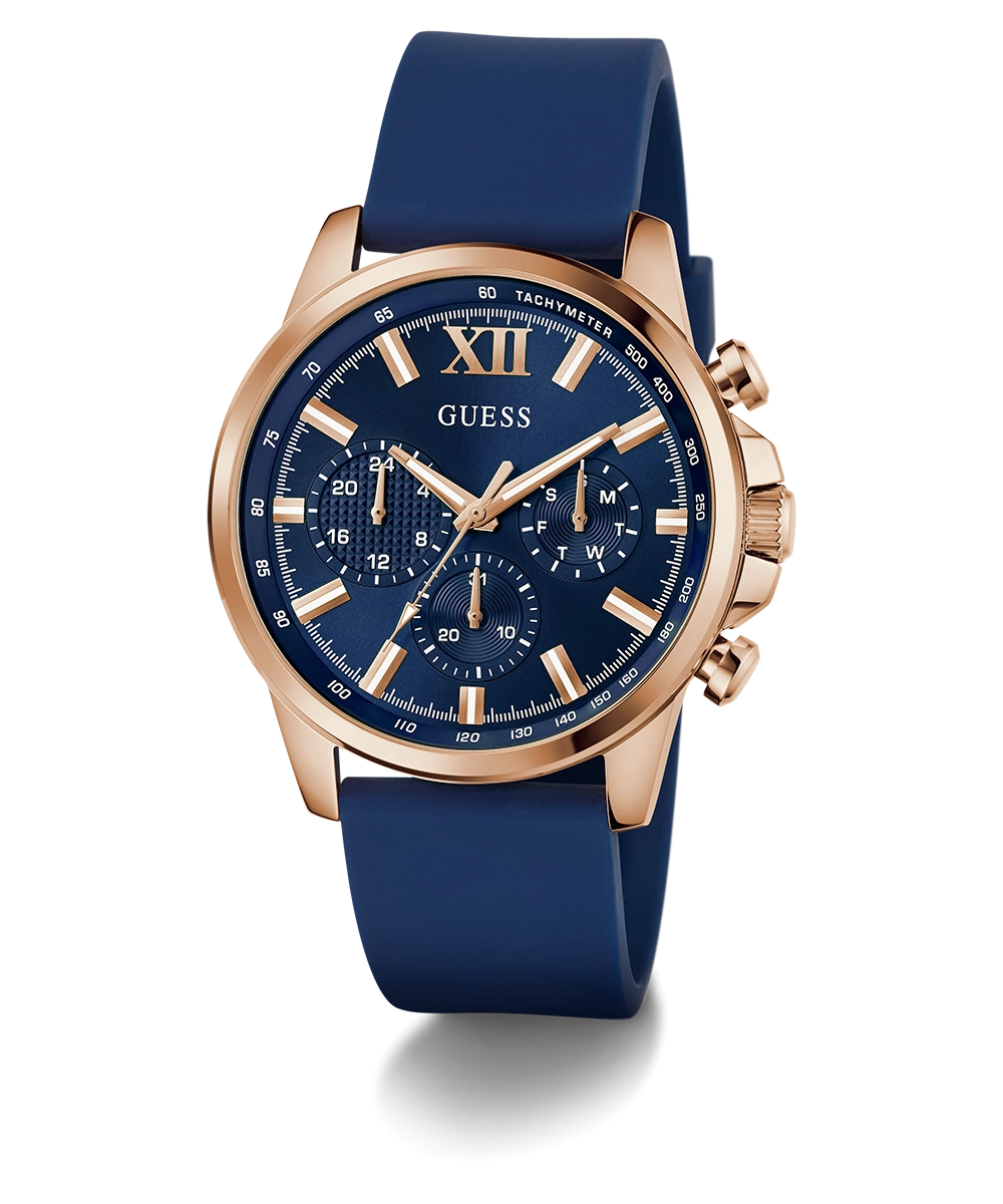 GUESS Mens Blue Rose Gold Tone Multi-function Watch
