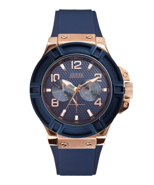GUESS Mens Blue Rose Gold Tone Multi-function Watch