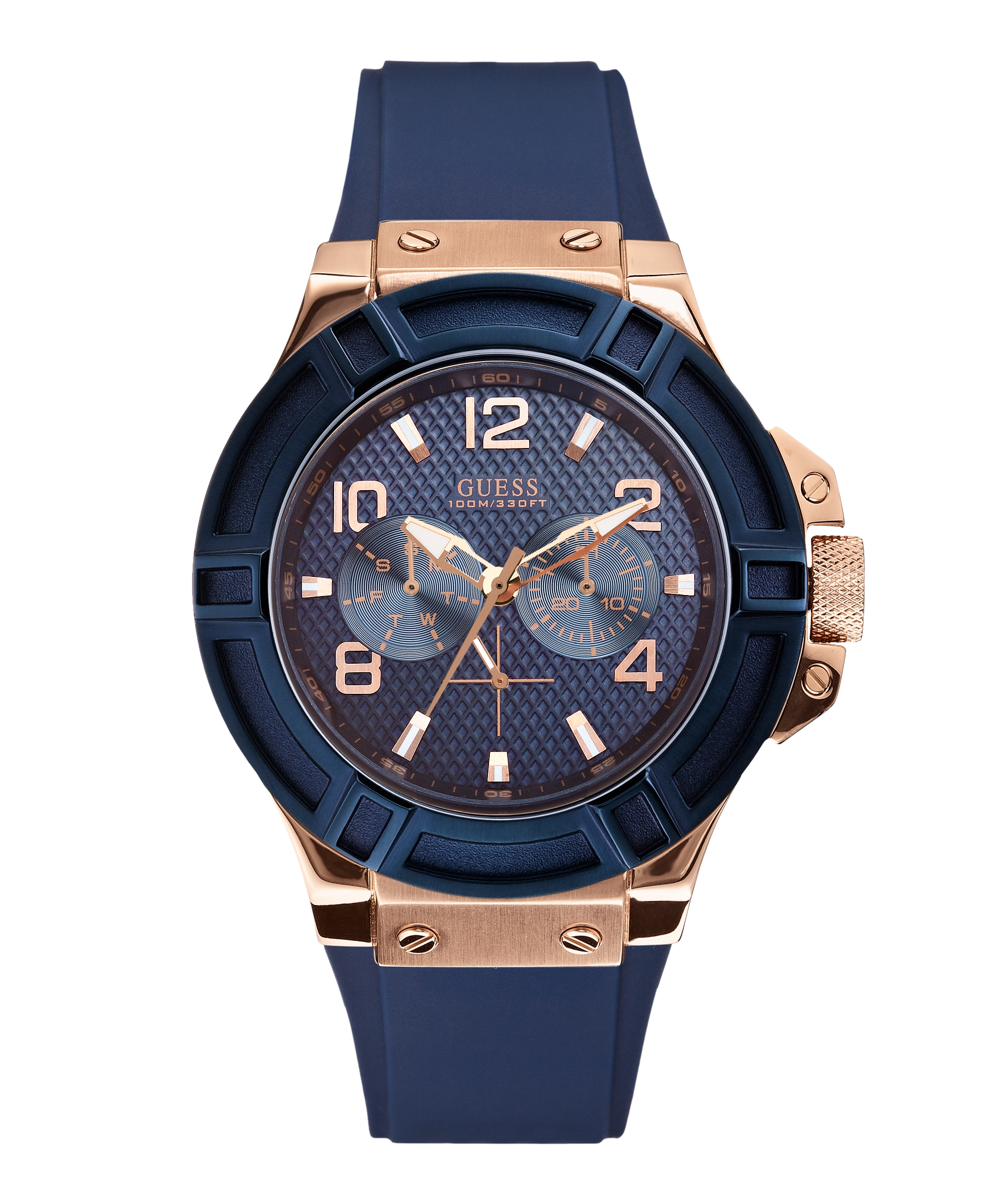 GUESS Mens Blue Rose Gold Tone Multi-function Watch