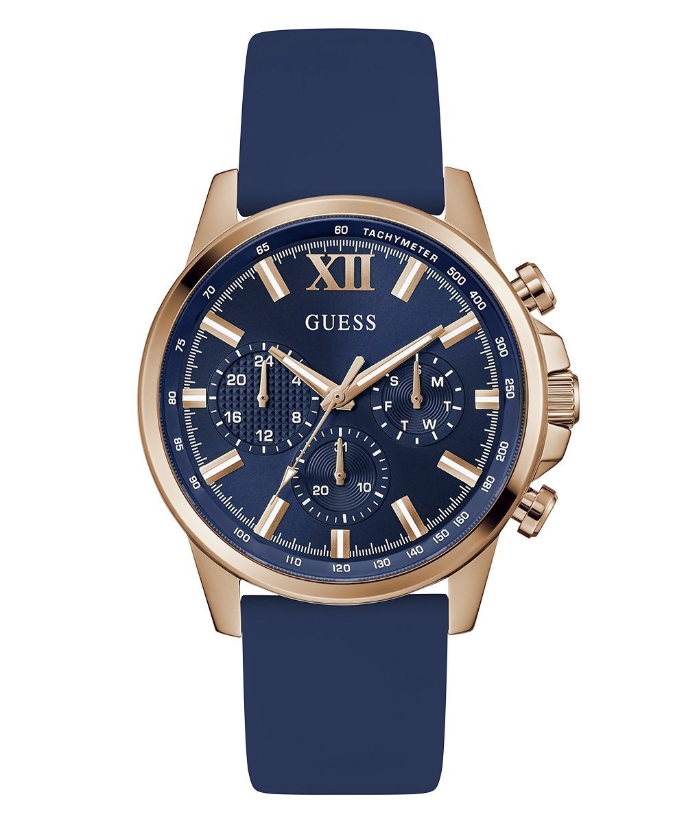 GUESS Mens Blue Rose Gold Tone Multi-function Watch