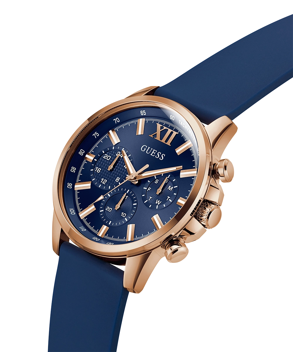 GUESS Mens Blue Rose Gold Tone Multi-function Watch