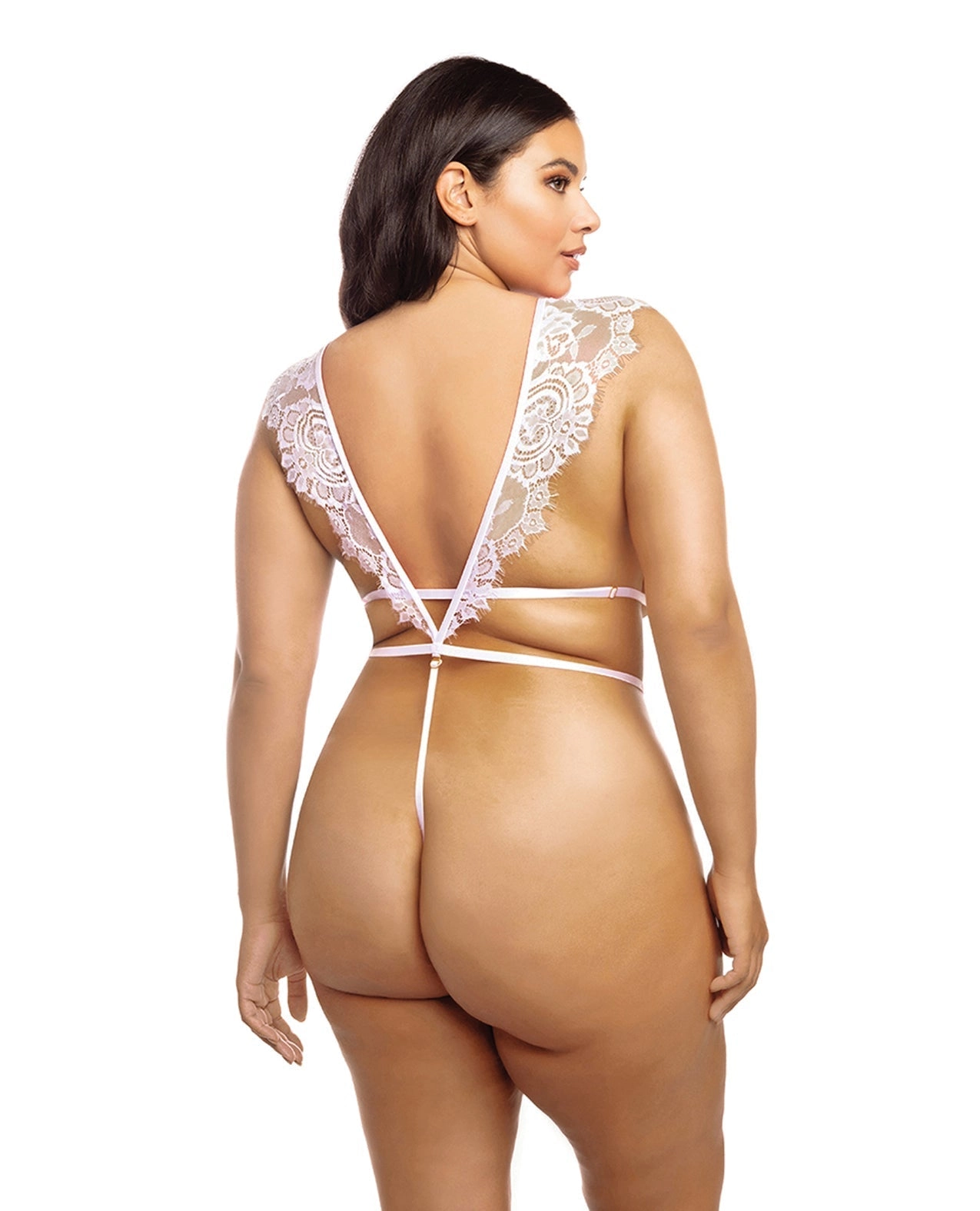 Oh la la Cheri Curvy Imani Eyelash Lace Soft Cup High Leg Teddy Pink Tulle